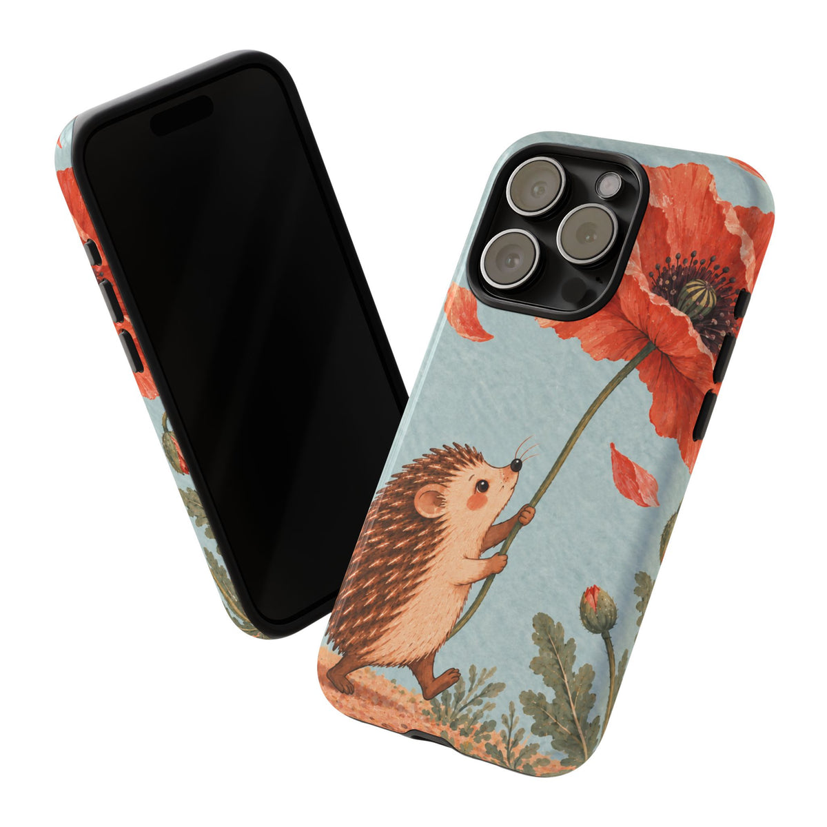 Whimsical Pale Blue Hedgehog and Poppy Phone Case - Blue Phone Case