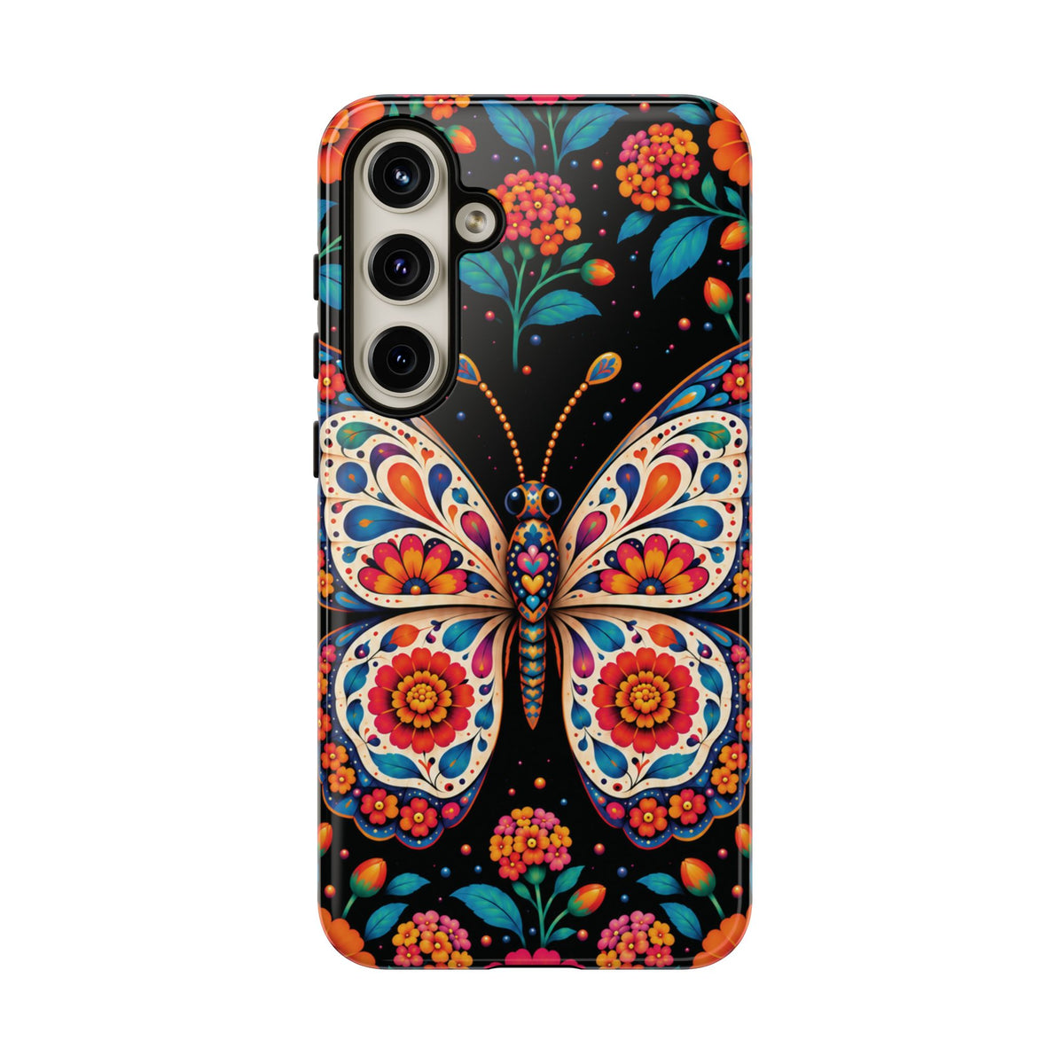 Vibrant Orange and Turquoise Calavera Butterfly Phone Case - Multicolor Phone Case - Samsung Galaxy S24 Plus / Glossy