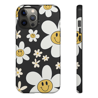 iPhone 12 Pro Max / Glossy Phone Case - Fun Retro Daisy Pattern with Dark Grey Background Phone Case