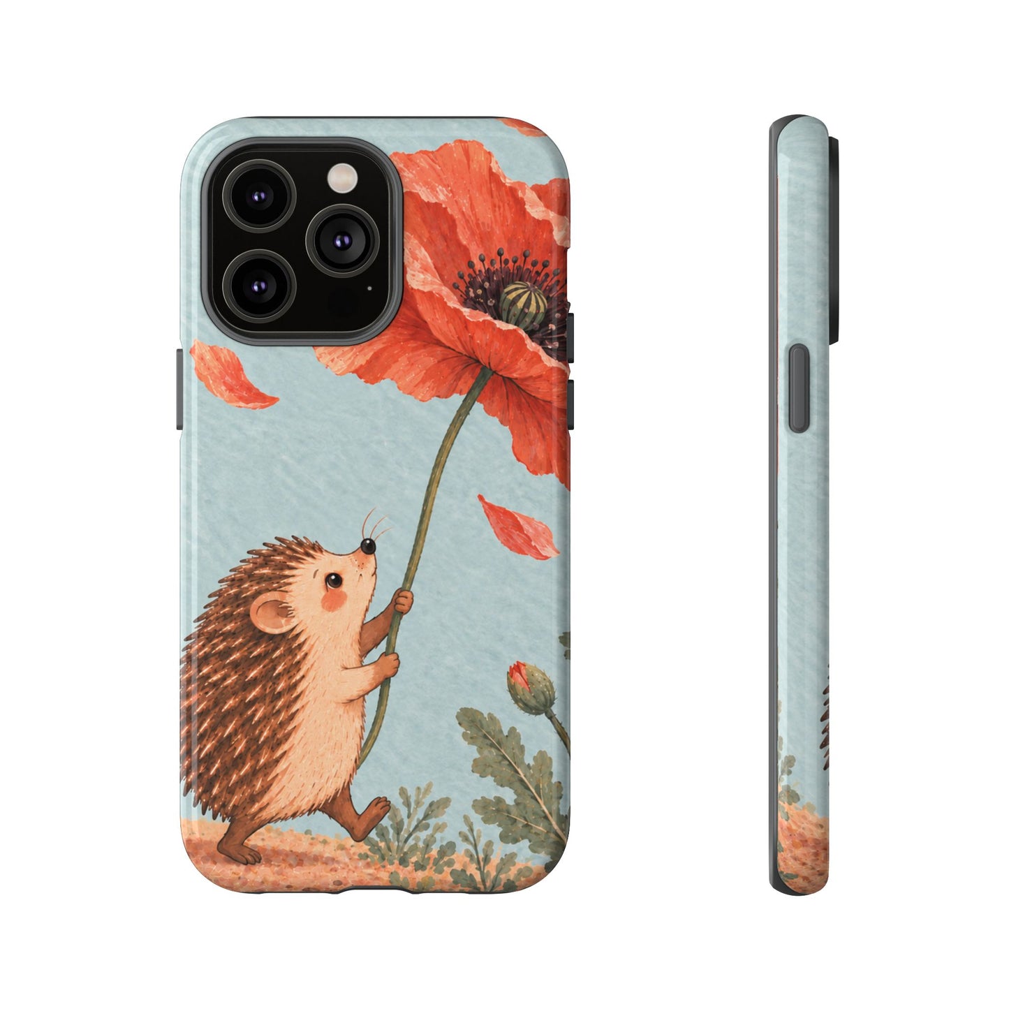 Whimsical Pale Blue Hedgehog and Poppy Phone Case - Blue Phone Case - iPhone 14 Pro Max / Glossy