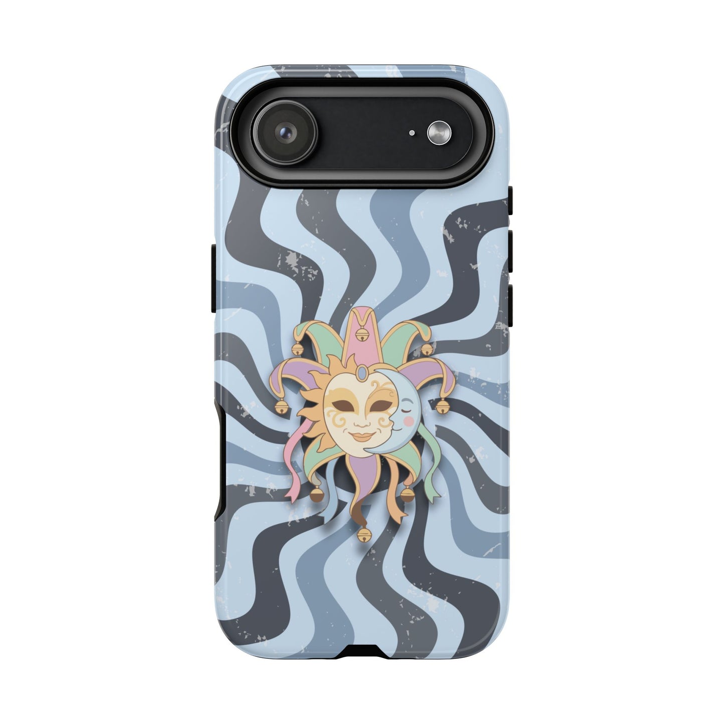 iPhone 17 Air / Glossy Phone Case - Sun & Moon Jester Mask – Blue Retro Wave Phone Case
