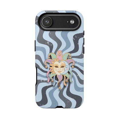 iPhone 17 Air / Glossy Phone Case - Sun & Moon Jester Mask – Blue Retro Wave Phone Case