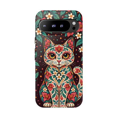 Vibrant Terracotta and Teal Calavera Cat Phone Case - Multicolor Phone Case - Google Pixel 9 Pro XL / Glossy