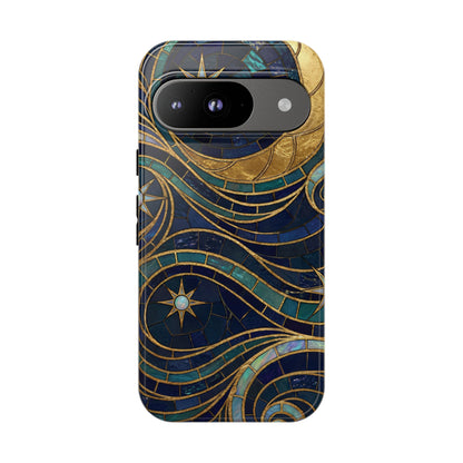 Elegant Navy & Gold Crescent Moon Mosaic Phone Case