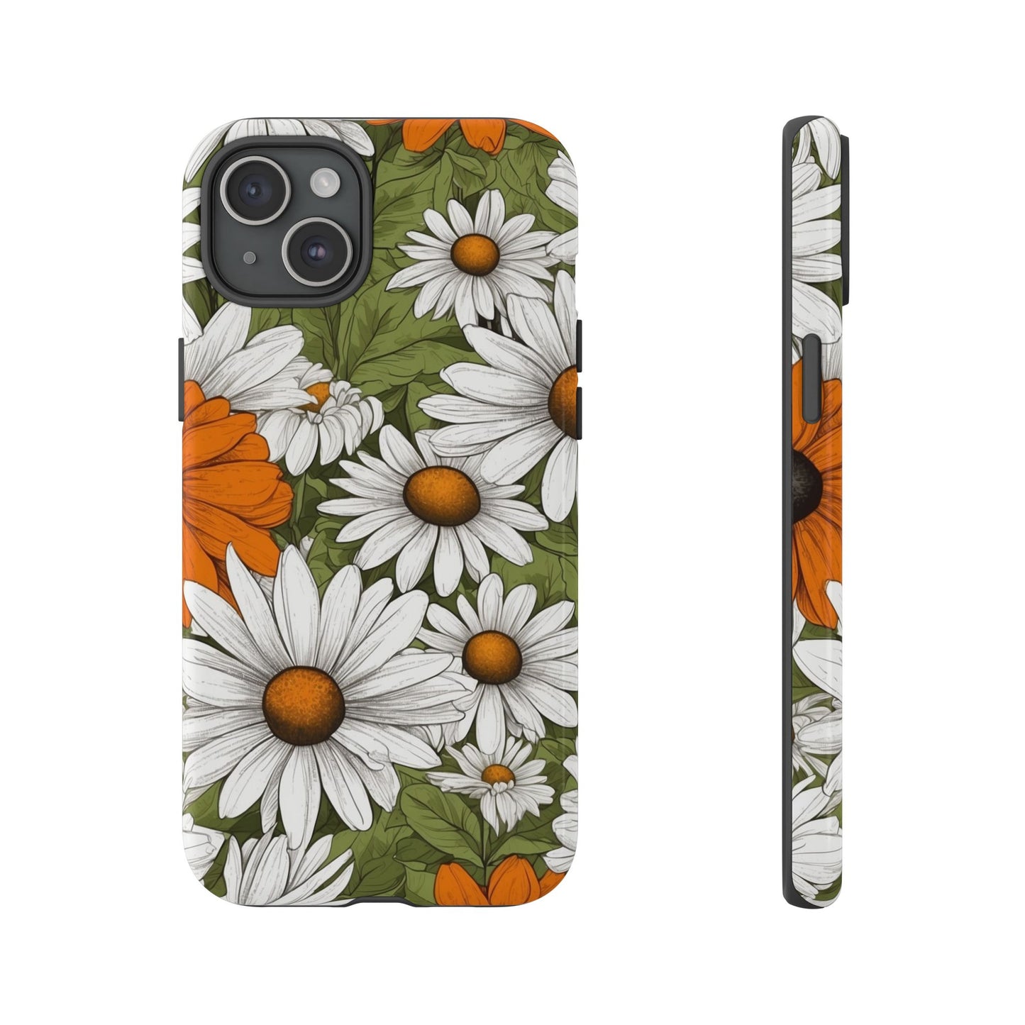 iPhone 15 Plus / Glossy Phone Case - Boho Chic Daisies Floral Pattern ’White Orange & Green’ Phone Case