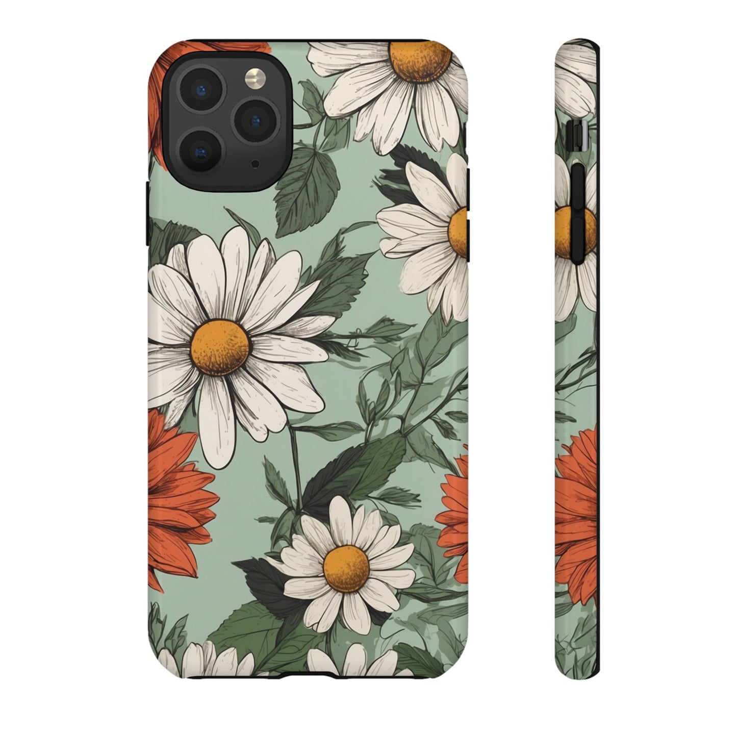 iPhone 11 Pro Max / Glossy Phone Case - Boho Chic Daisies Floral Pattern ’White & Orange’ Phone Case