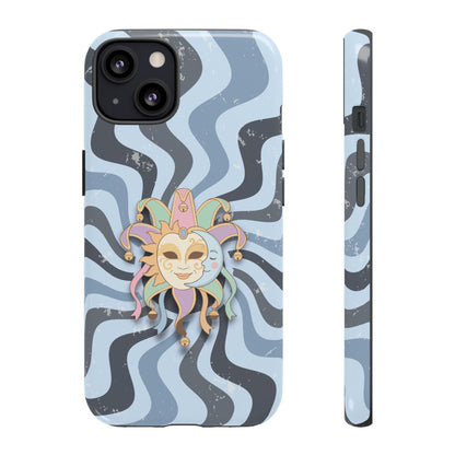 iPhone 13 / Glossy Phone Case - Sun & Moon Jester Mask – Blue Retro Wave Phone Case