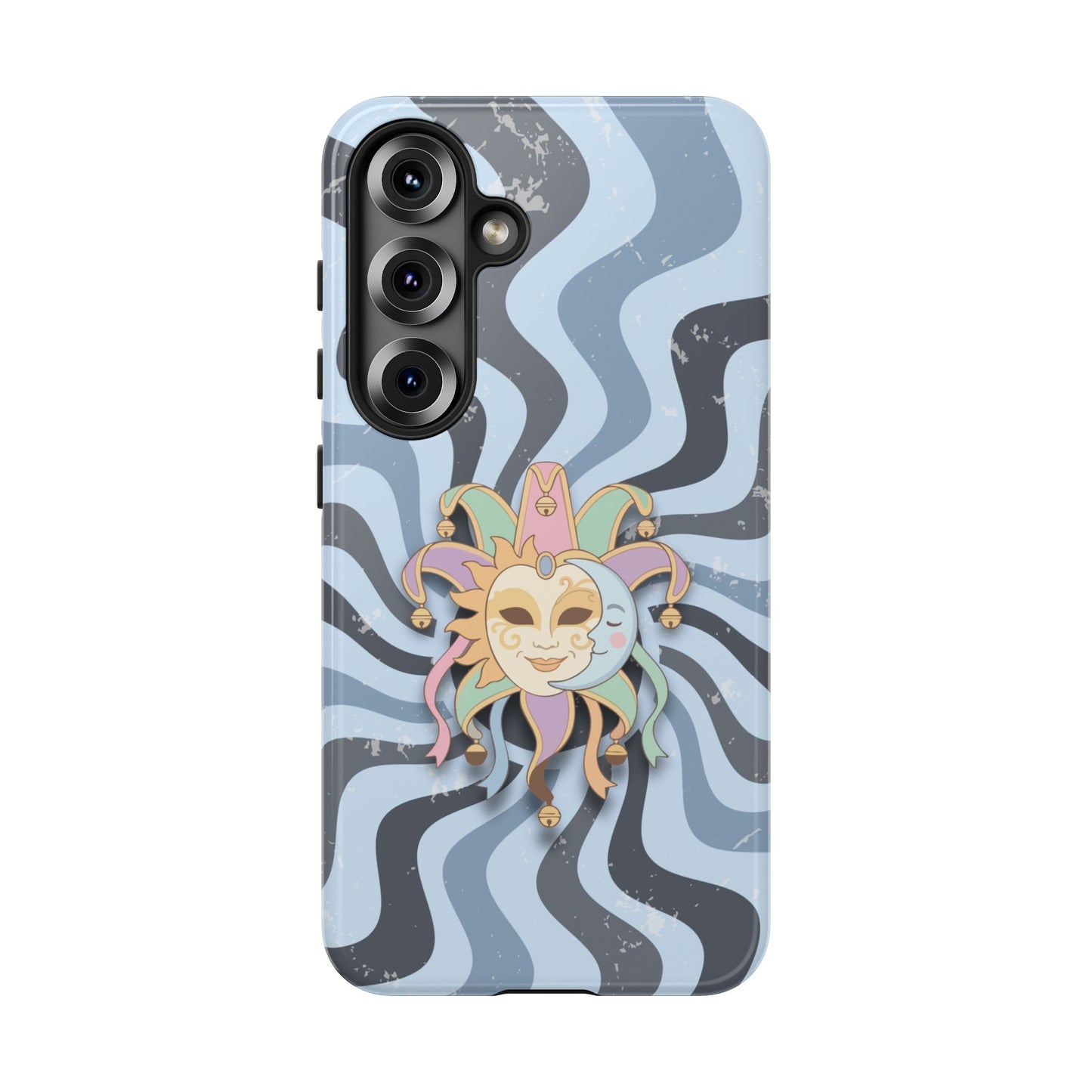 Samsung Galaxy S25 / Glossy Phone Case - Sun & Moon Jester Mask – Blue Retro Wave Phone Case