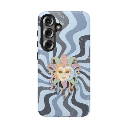 Samsung Galaxy S25 / Glossy Phone Case - Sun & Moon Jester Mask – Blue Retro Wave Phone Case