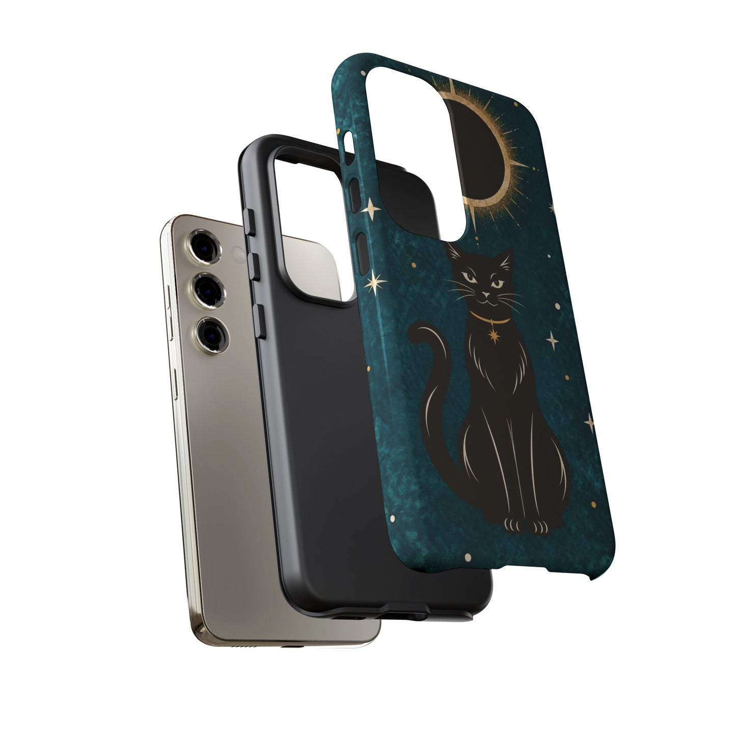 Whimsical Teal Celestial Black Cat Phone Case