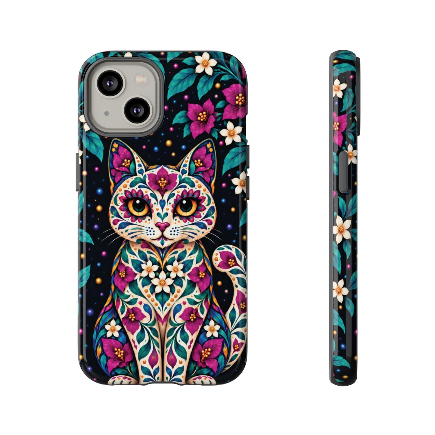 Vibrant Purple and Teal Calavera Cat Phone Case - Multicolor Phone Case - iPhone 14 / Glossy