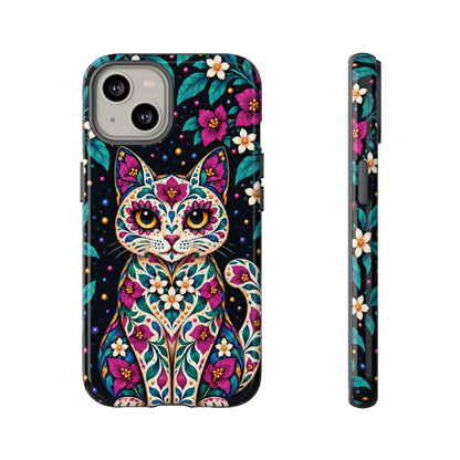 Vibrant Purple and Teal Calavera Cat Phone Case - Multicolor Phone Case - iPhone 14 / Glossy