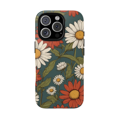 iPhone 16 Pro / Glossy Phone Case - Boho Chic Daisies Floral Pattern ’White & Red’ Phone Case