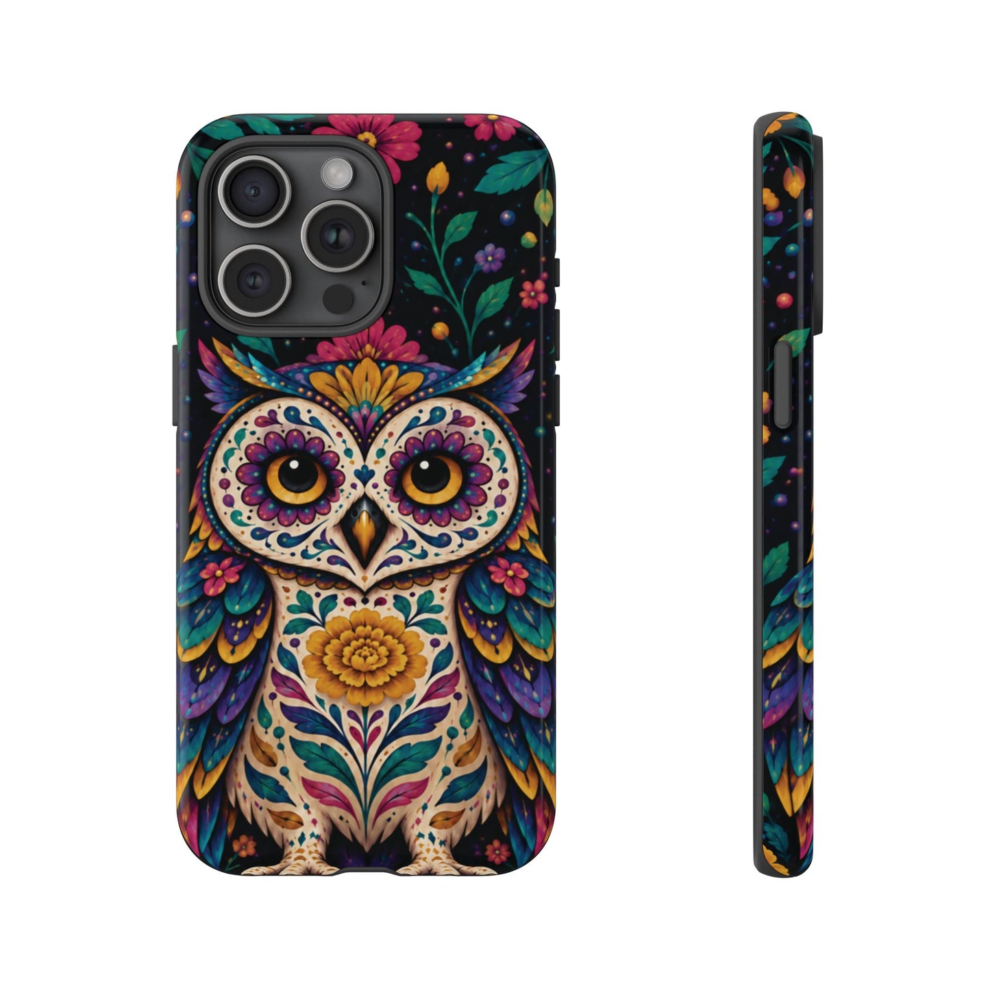Vibrant Purple and Teal Calavera Owl Phone Case - Multicolor Phone Case - iPhone 15 Pro Max / Glossy
