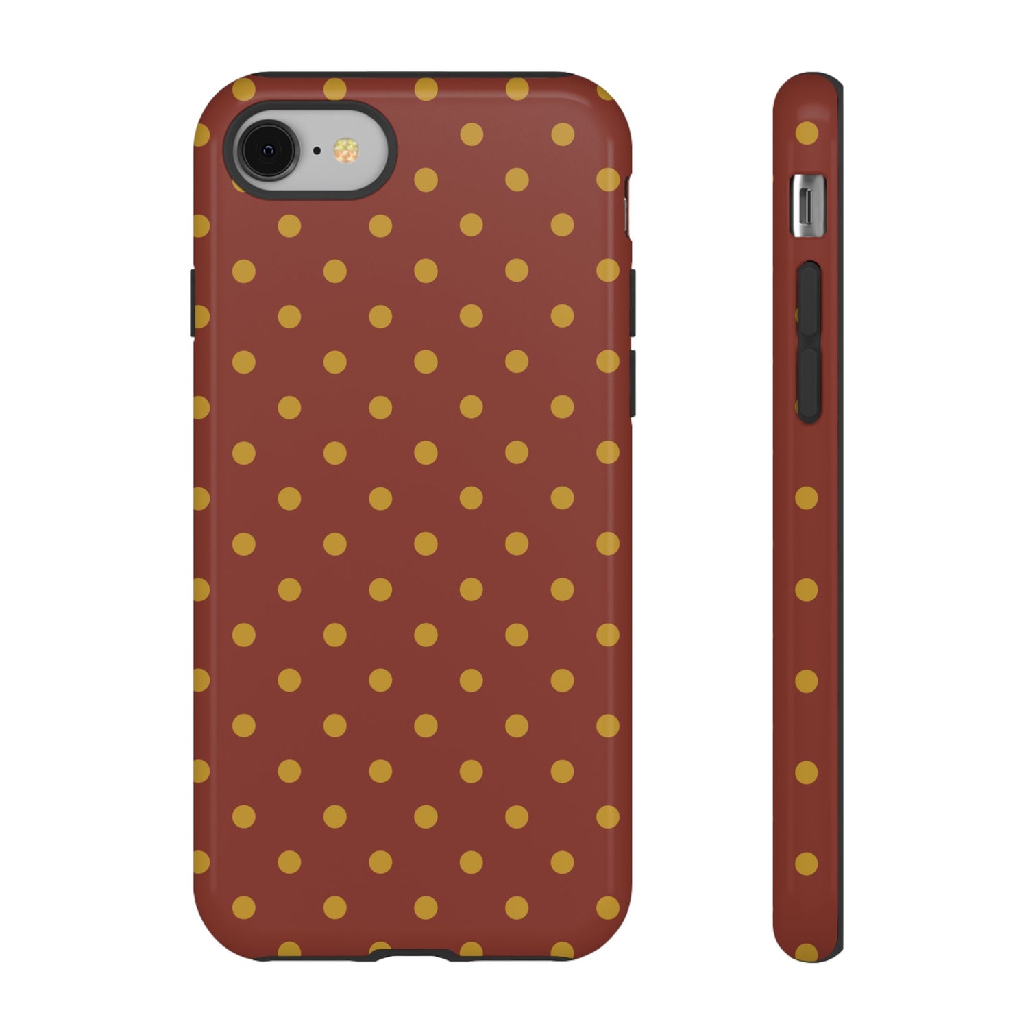 iPhone 8 / Glossy Phone Case - Trendy Brown & Mustard Dot Pattern Phone Case