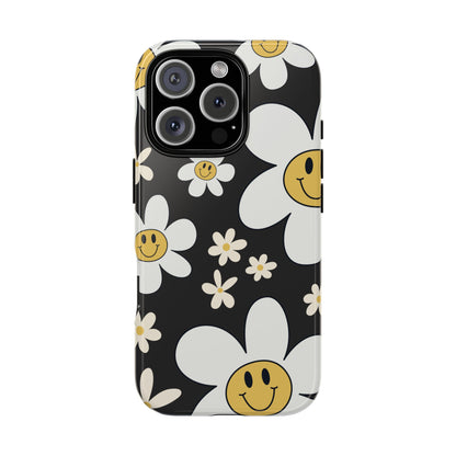 iPhone 16 Pro / Glossy Phone Case - Fun Retro Daisy Pattern with Dark Grey Background Phone Case
