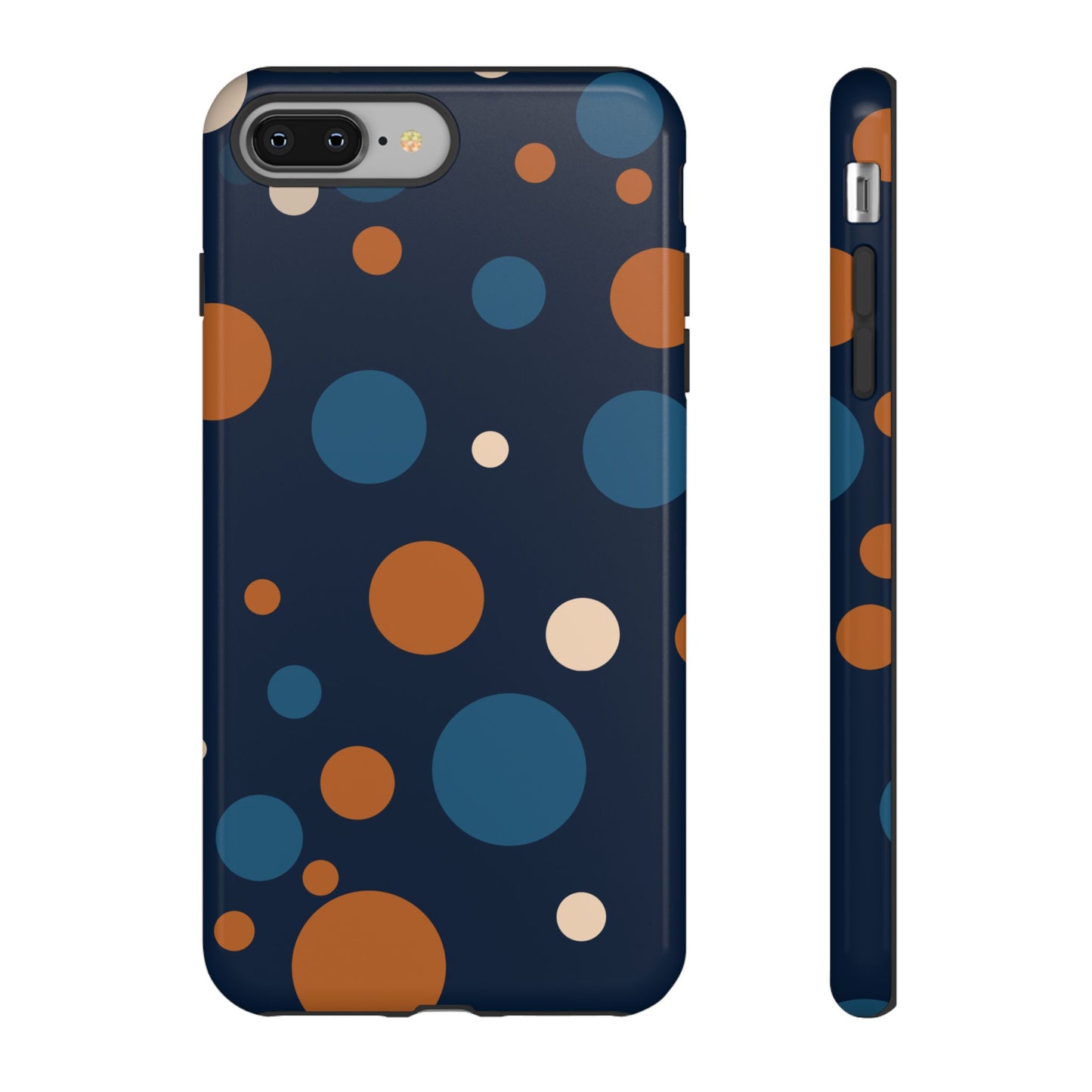 iPhone 8 Plus / Glossy Phone Case - ’Bold Navy Blue & Orange / White Dot Pattern’ Phone Case