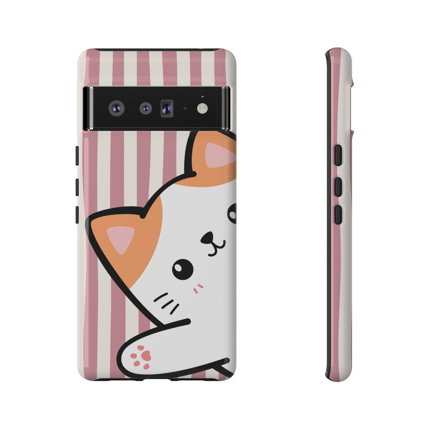 Playful Peakaboo Cat with Pink Stripe Pattern Phone Case - Pink Phone Case - Google Pixel 6 Pro / Glossy