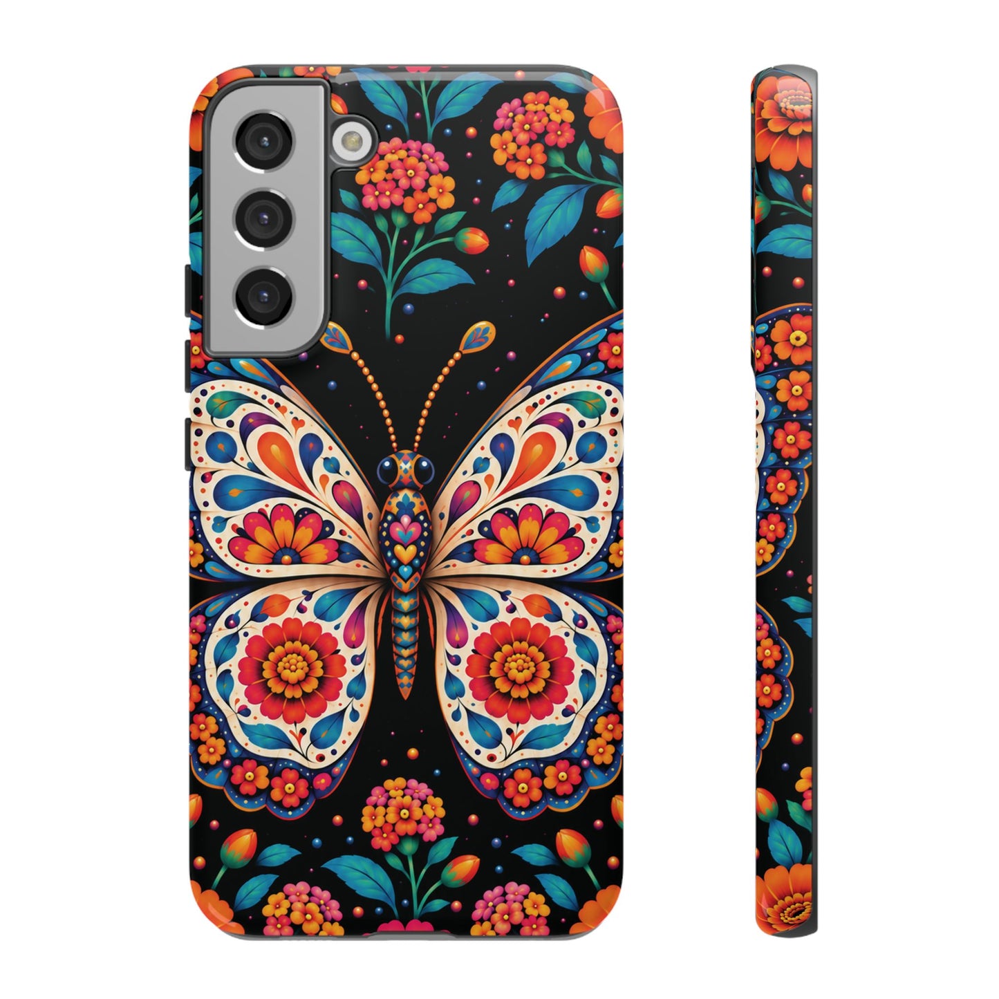 Vibrant Orange and Turquoise Calavera Butterfly Phone Case - Multicolor Phone Case - Samsung Galaxy S22 Plus / Glossy