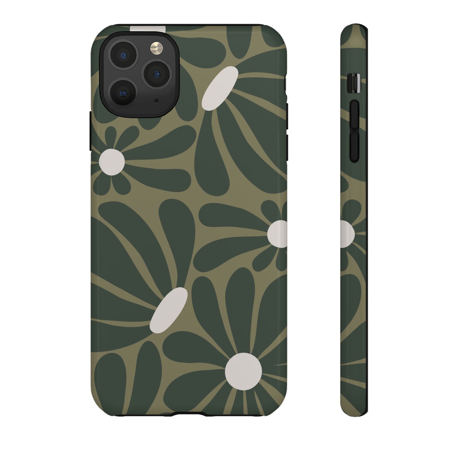 iPhone 11 Pro Max / Glossy Phone Case - ’Retro Olive Green Daisy Pattern’ Phone Case