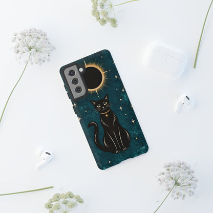 Whimsical Teal Celestial Black Cat Phone Case