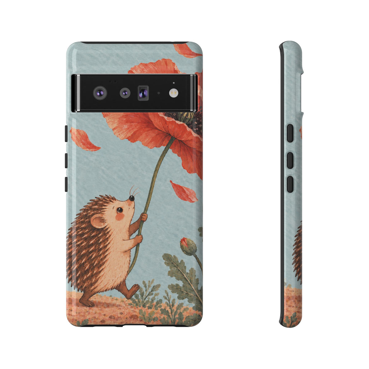 Whimsical Pale Blue Hedgehog and Poppy Phone Case - Blue Phone Case - Google Pixel 6 Pro / Glossy