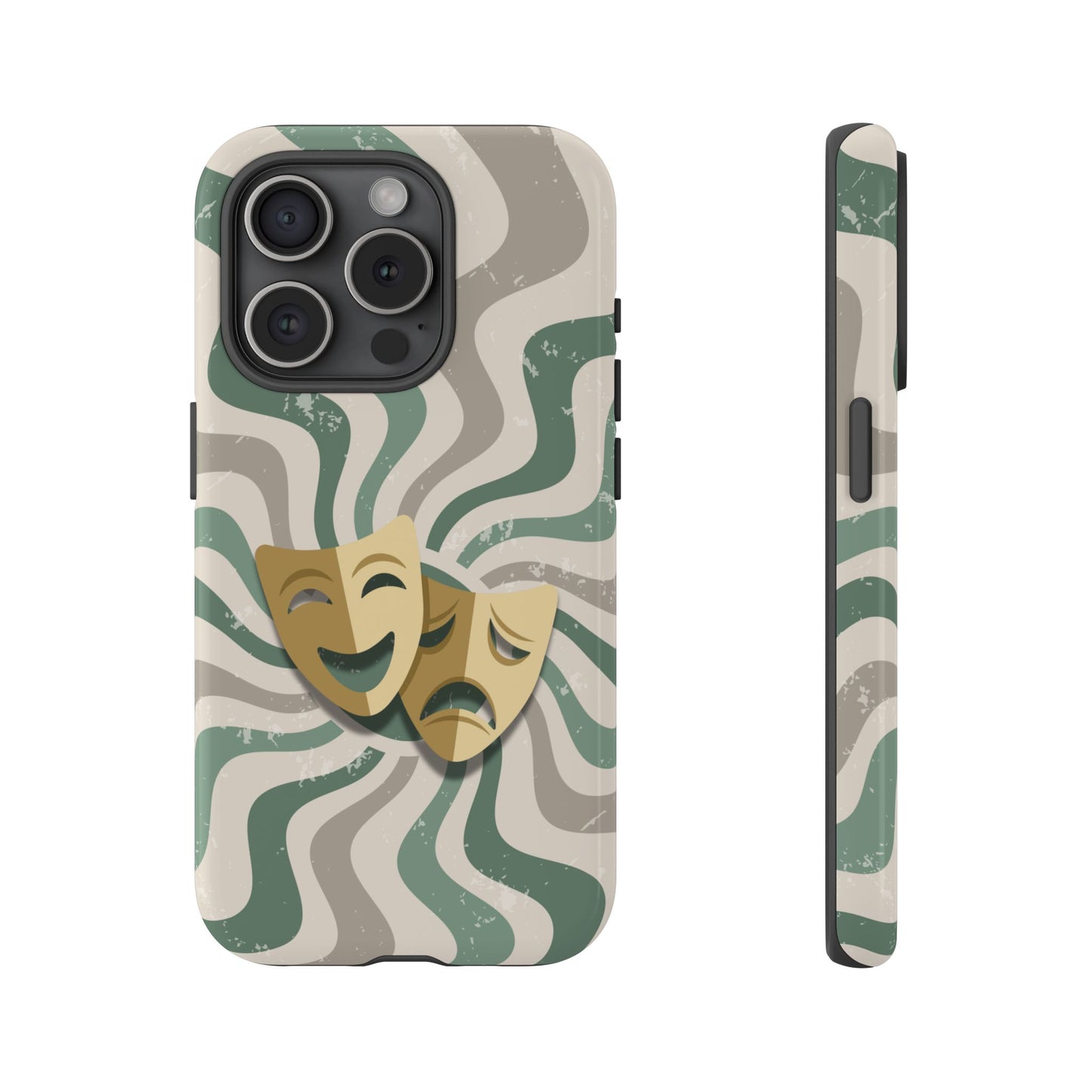 iPhone 15 Pro / Glossy Phone Case - Comedy & Tragedy Masks – Green Minimal Retro Wave Phone Case