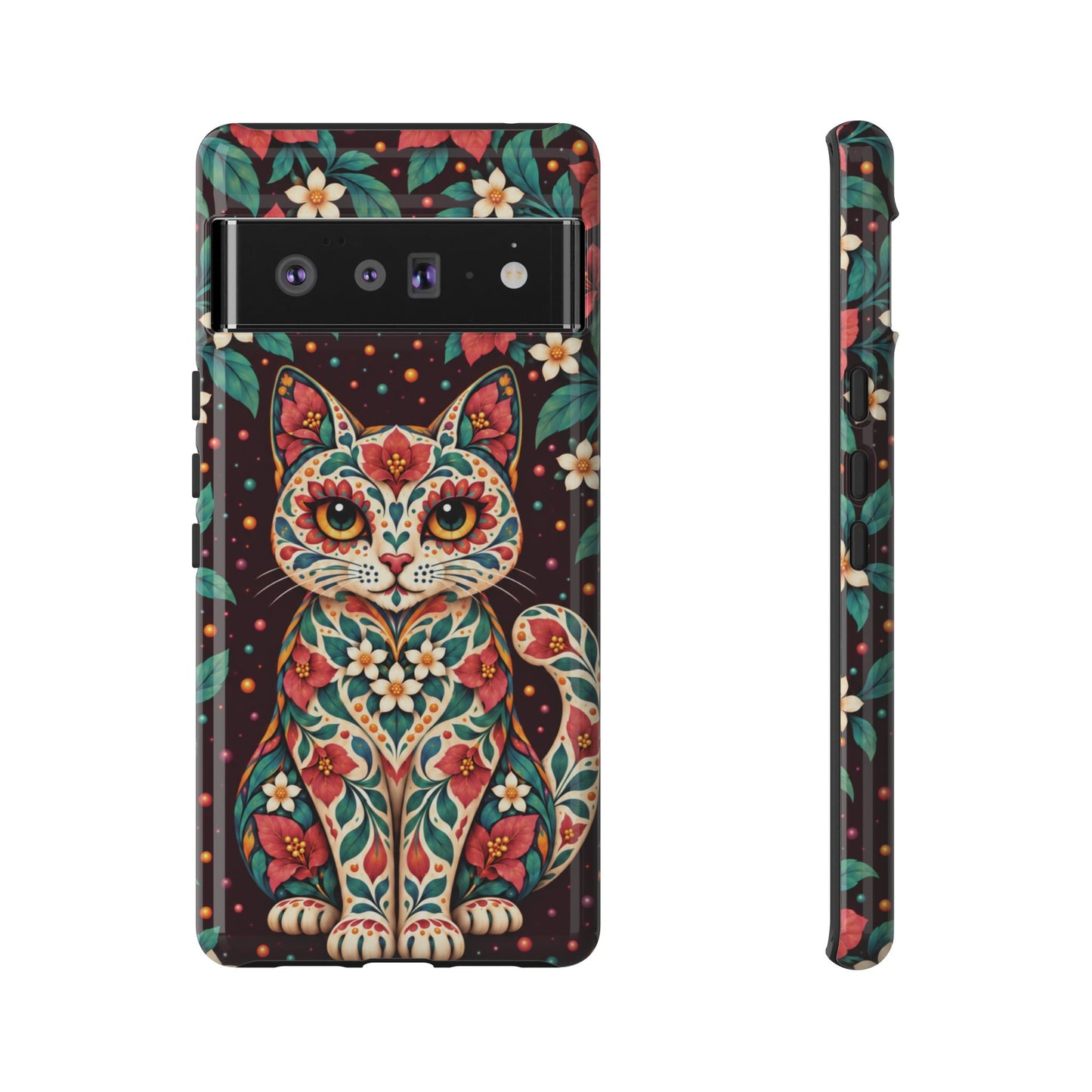 Vibrant Terracotta and Teal Calavera Cat Phone Case - Multicolor Phone Case - Google Pixel 6 Pro / Glossy