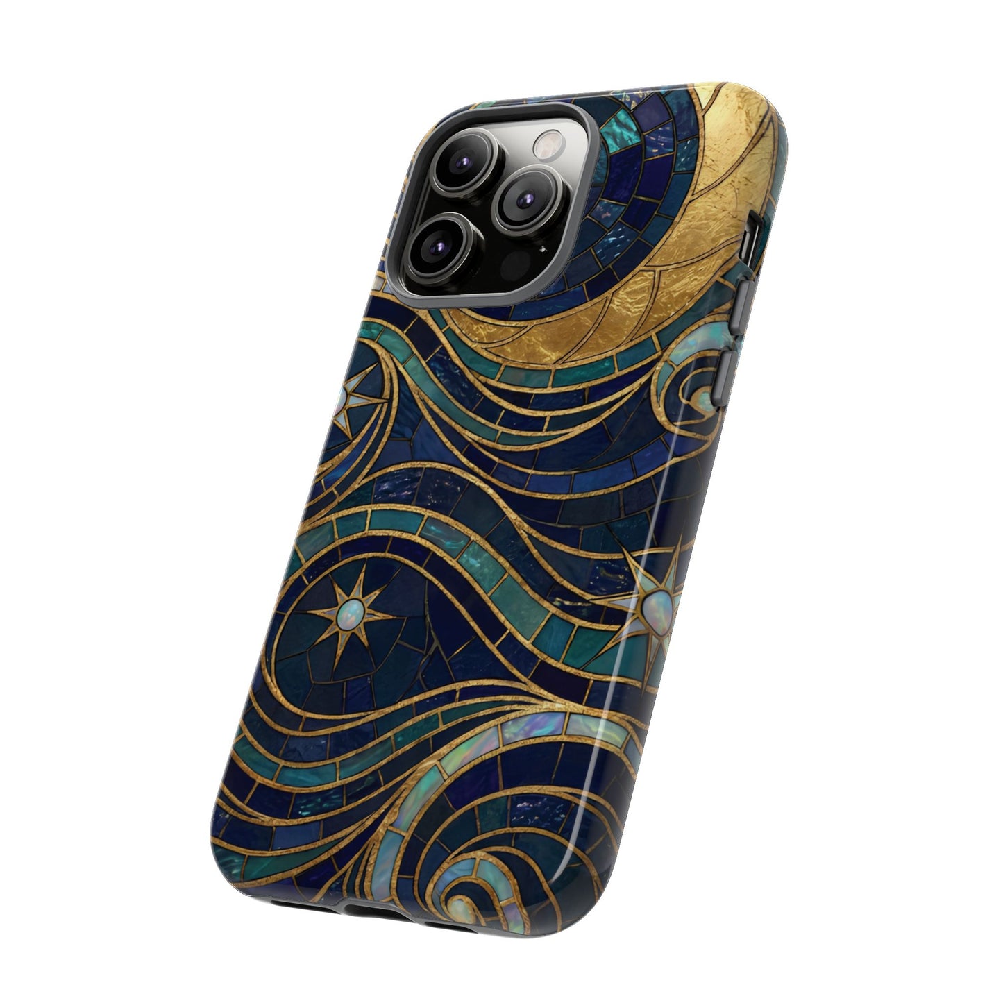 Elegant Navy & Gold Crescent Moon Mosaic Phone Case
