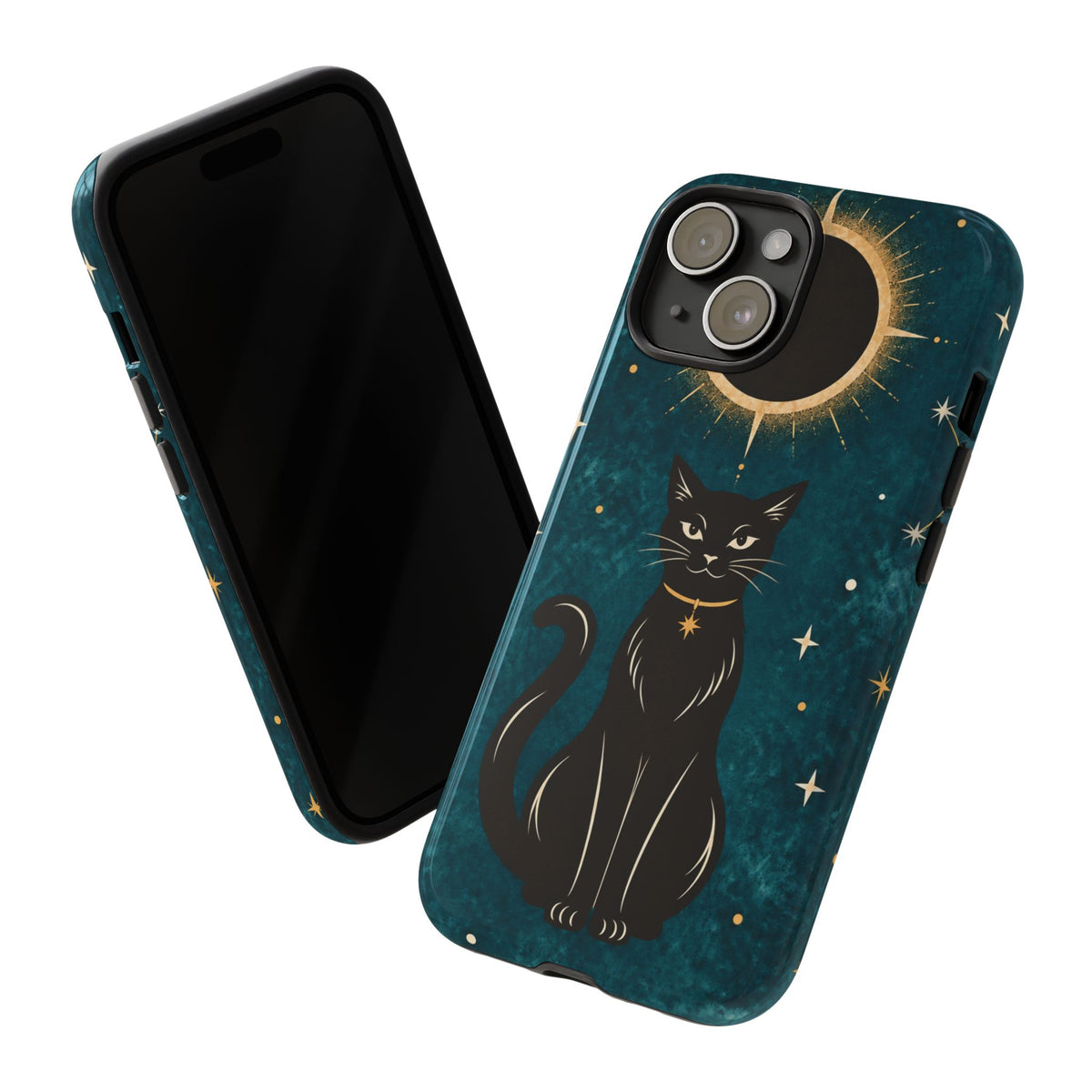 Whimsical Teal Celestial Black Cat Phone Case
