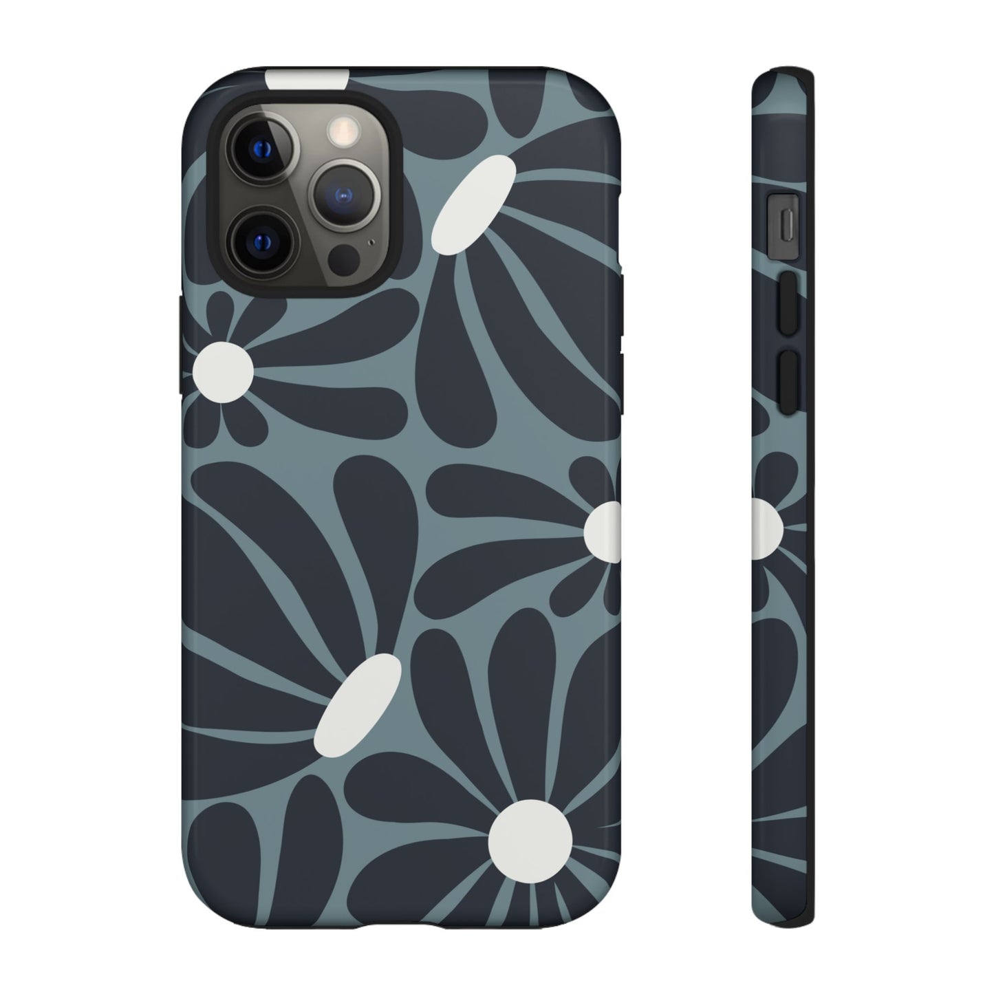 iPhone 12 Pro / Glossy Phone Case - ’Retro Navy Blue & White Daisy Pattern’ Phone Case