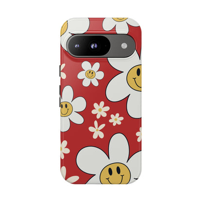 Google Pixel 9 / Glossy Phone Case - Fun Retro Daisy Pattern with Red Background Phone Case