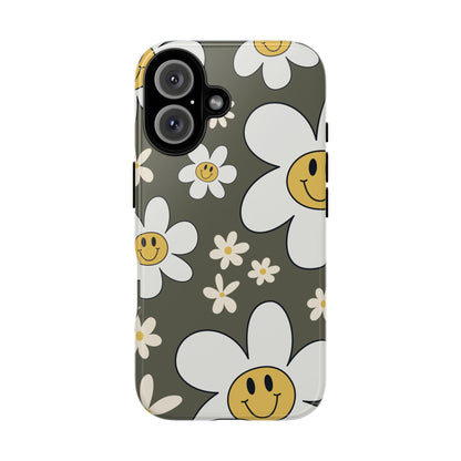 iPhone 16 / Glossy Phone Case - Fun Retro Daisy Pattern with Olive Green Background Phone Case