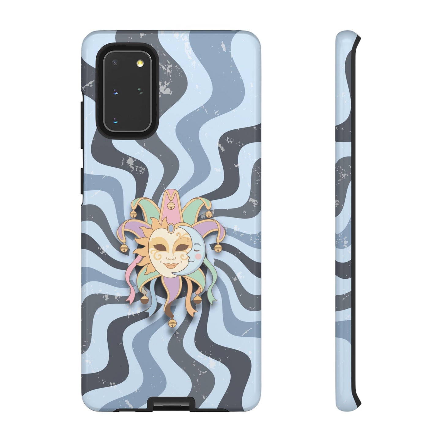 Samsung Galaxy S20+ / Glossy Phone Case - Sun & Moon Jester Mask – Blue Retro Wave Phone Case