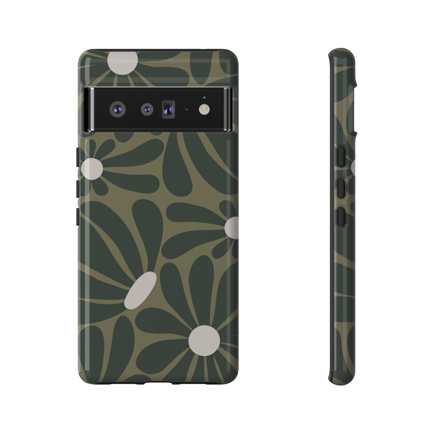 Google Pixel 6 Pro / Glossy Phone Case - ’Retro Olive Green Daisy Pattern’ Phone Case