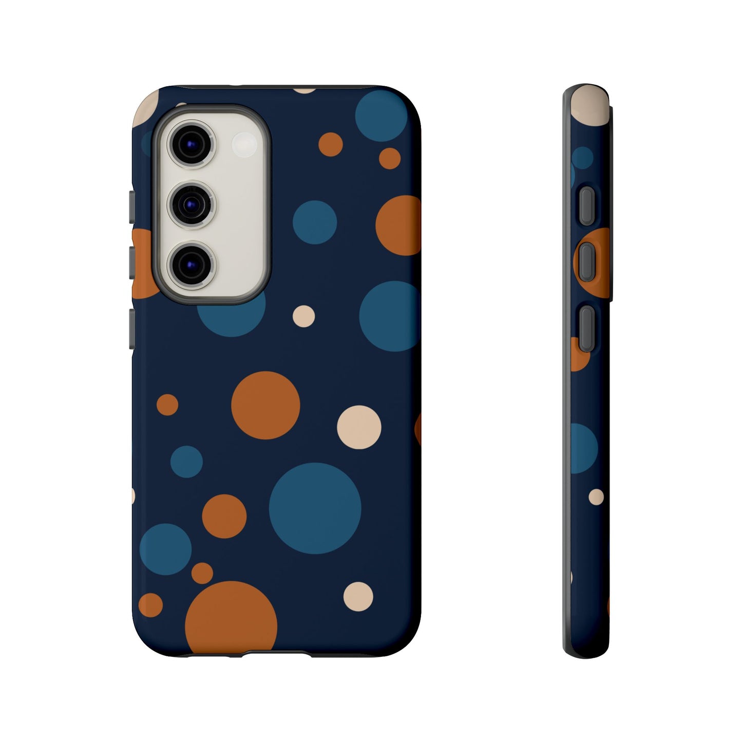 Samsung Galaxy S23 / Glossy Phone Case - ’Bold Navy Blue & Orange / White Dot Pattern’ Phone Case