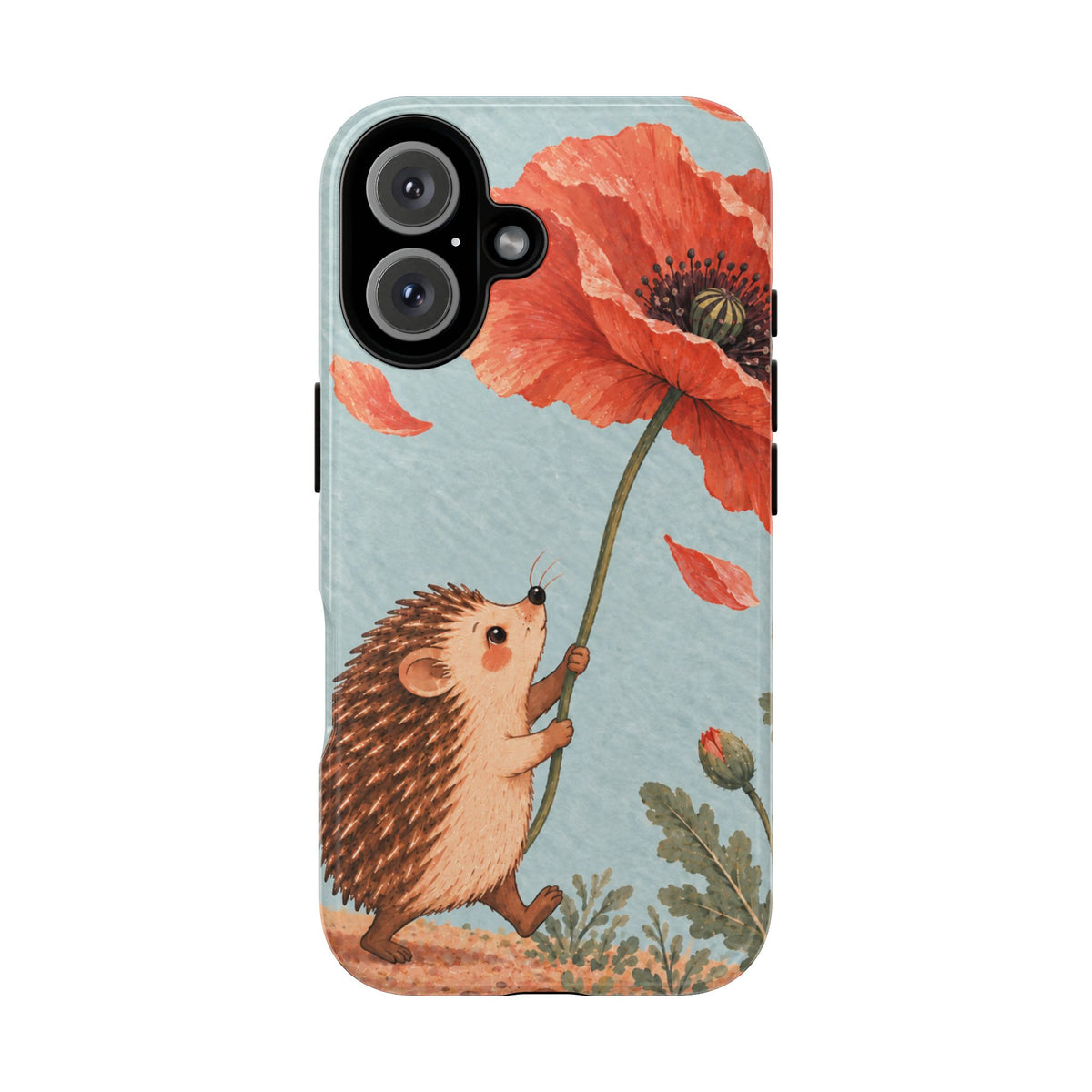 Whimsical Pale Blue Hedgehog and Poppy Phone Case - Blue Phone Case - iPhone 16 / Glossy
