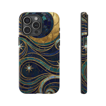Elegant Navy & Gold Crescent Moon Mosaic Phone Case