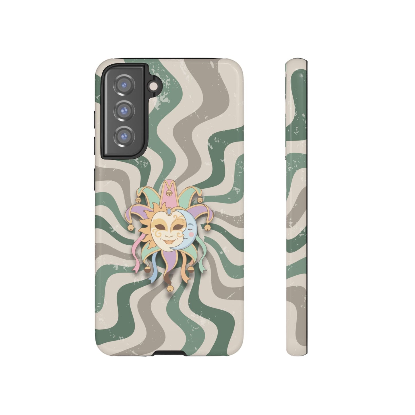 Samsung Galaxy S21 FE / Glossy Phone Case - Sun & Moon Jester Mask – Green Retro Wave Phone Case