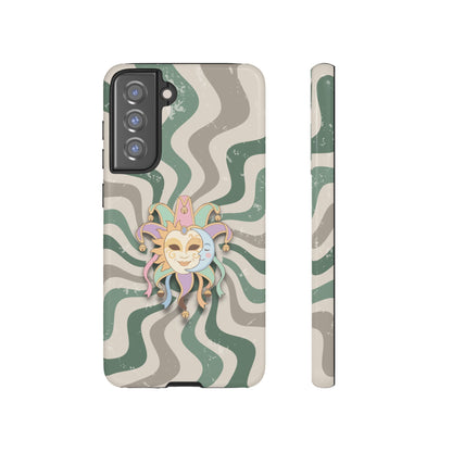 Samsung Galaxy S21 FE / Glossy Phone Case - Sun & Moon Jester Mask – Green Retro Wave Phone Case
