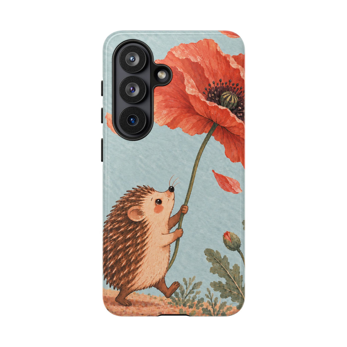 Whimsical Pale Blue Hedgehog and Poppy Phone Case - Blue Phone Case - Samsung Galaxy S26 / Glossy