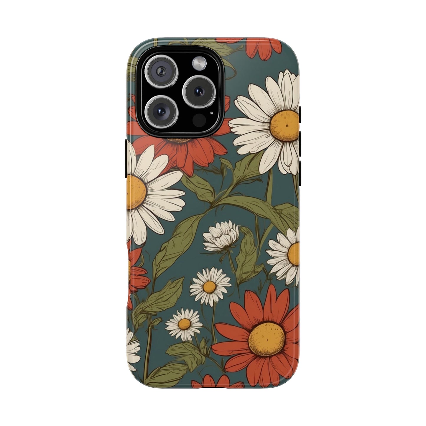 iPhone 16 Pro Max / Glossy Phone Case - Boho Chic Daisies Floral Pattern ’White & Red’ Phone Case