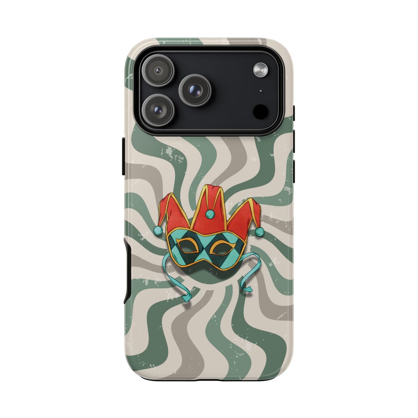 iPhone 17 Pro Max / Glossy Phone Case - Venetian Jester Mask – Green Retro Soft Revival Phone Case