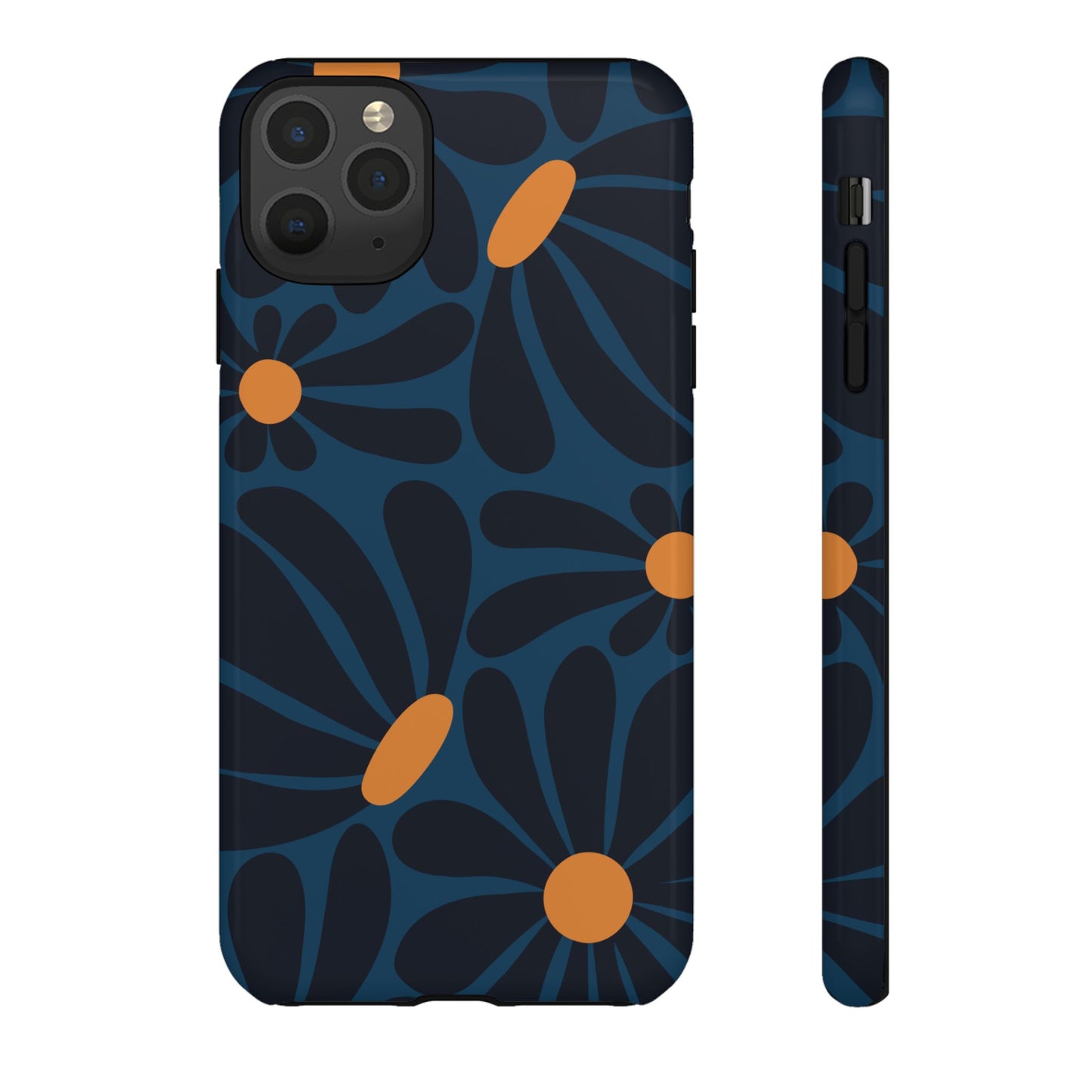 iPhone 11 Pro Max / Glossy Phone Case - ’Dark Blue & Orange Daisy Pattern’ Phone Case