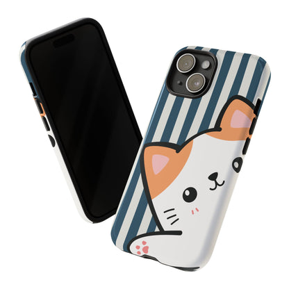 Playful Peakaboo Cat with Blue Stripe Pattern Phone Case - Blue Phone Case