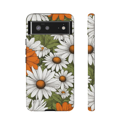Google Pixel 6 / Glossy Phone Case - Boho Chic Daisies Floral Pattern ’White Orange & Green’ Phone Case