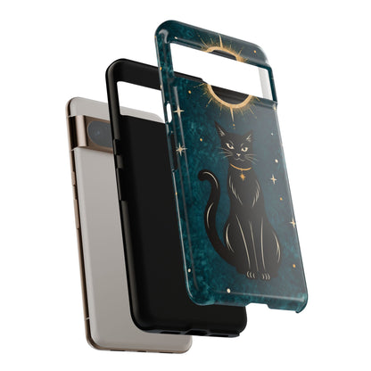 Whimsical Teal Celestial Black Cat Phone Case