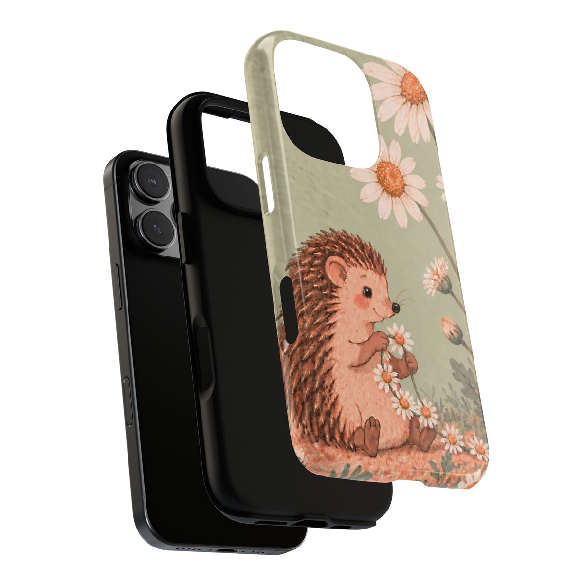 Whimsical Sage Green Hedgehog and Daisy Chain Phone Case - Green Phone Case