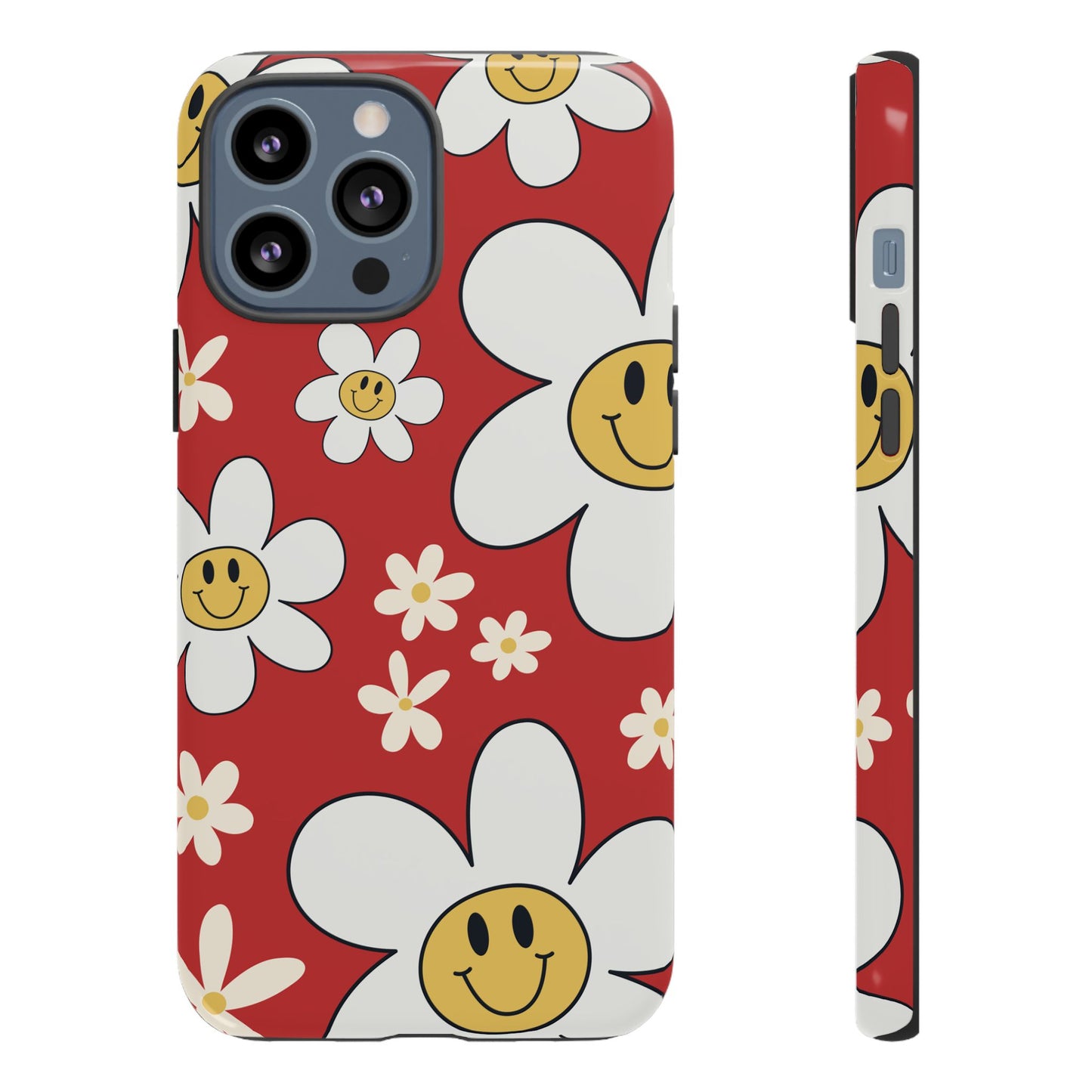 iPhone 13 Pro Max / Glossy Phone Case - Fun Retro Daisy Pattern with Red Background Phone Case