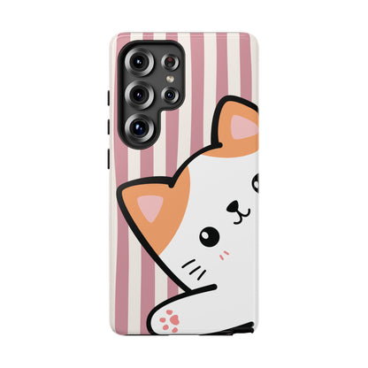 Playful Peakaboo Cat with Pink Stripe Pattern Phone Case - Pink Phone Case - Samsung Galaxy S25 Ultra / Glossy